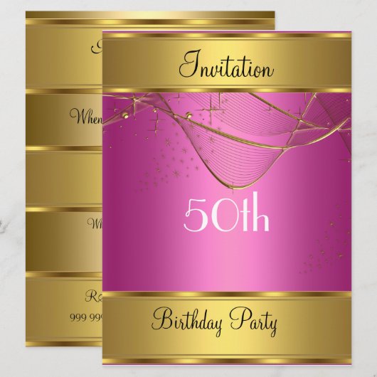 ゴールドの50歳の誕生日パーティー招待状 ピンク 招待状 (正面/裏面)