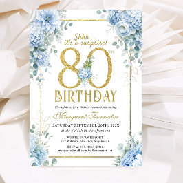 ゴールドの80歳の誕生日ダスティブルーの花のサプライズ 招待状