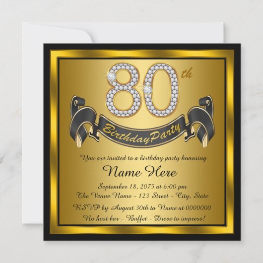ゴールドの80歳の誕生日パーティー 招待状 (正面)