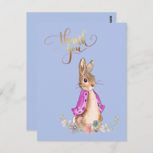 ゴールドの「ありがとう」テキストが付いたフロプシーウサギ ポストカード (正面/裏面)