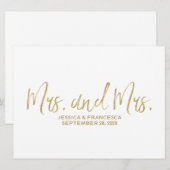 ゴールドの「Mrs. and Mrs.」レズビアン ウェディング サイン 招待状 (正面/裏面)