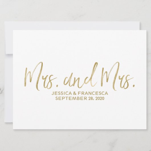 ゴールドの「Mrs. and Mrs.」レズビアン ウェディング サイン 招待状 (正面)