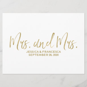ゴールドの「Mrs. and Mrs.」レズビアン ウェディング サイン 招待状
