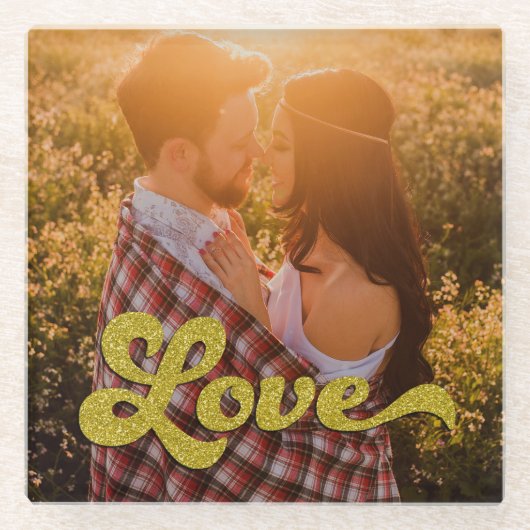 ゴールドのLoveオーバーレイ付きのカスタムフォト ガラスコースター (正面)