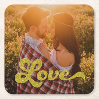 ゴールドのLoveオーバーレイ付きのカスタムフォト スクエアペーパーコースター