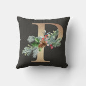 ゴールドのPのモノグラム 松と実のクリスマスファミリー クッション (裏面)