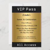 ゴールドのSweet 16バースデーパーティーVIPパス 招待状 (正面)
