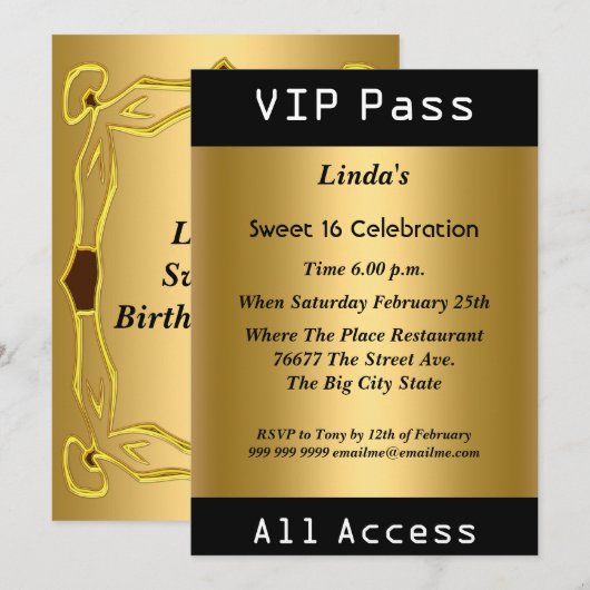 ゴールドのSweet 16バースデーパーティーVIPパス 招待状 (正面/裏面)