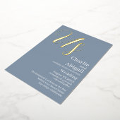 ゴールドのUSモダンエレガントウェディング オン ダスティーブルー 箔招待状 (回転した状態)