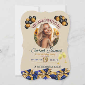 ゴールドは洗練と高級感を、濃い青はお祝いと特別感を表すため、誰にでも合う明るい色の誕生日招待状 招待状