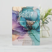 ゴールドアクアブルーグリッター パープル フラワー バースデー 招待状 (スタンド正面)