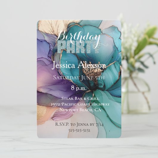 ゴールドアクアブルーグリッター パープル フラワー バースデー 招待状 (スタンド正面)