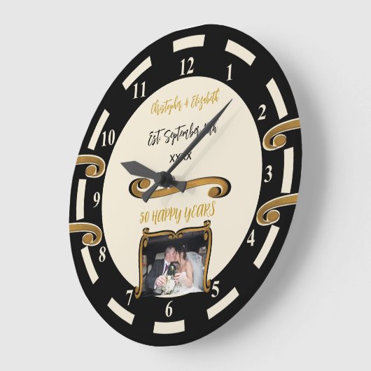 ゴールドアニバーサリー 50周年 名前と写真を追加 ブラック ラージ壁時計 (傾斜)