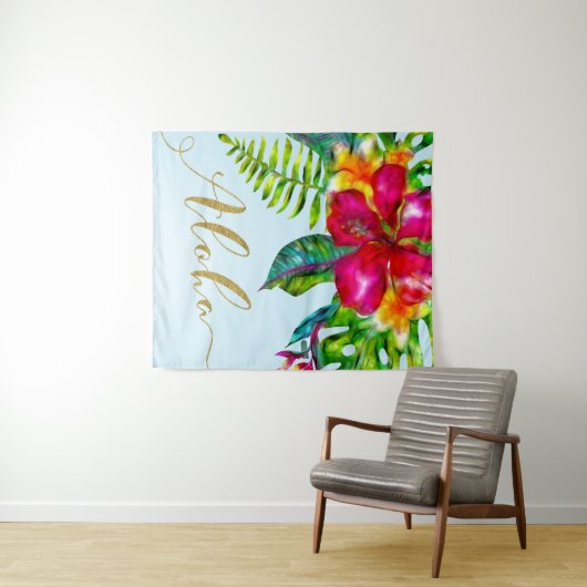 ゴールドアロハハワイアンルアウ電気フラワーバックドロップ タペストリー (インサイチュ(横))