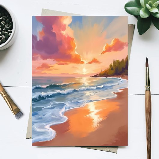 ゴールドアワーのビーチサンセット水彩画 海 ポストカード