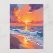 ゴールドアワー オレンジの夕日 ビーチ 海 絵画 ポストカード (正面)