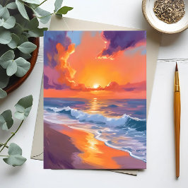 ゴールドアワー オレンジの夕日 ビーチ 海 絵画 ポストカード