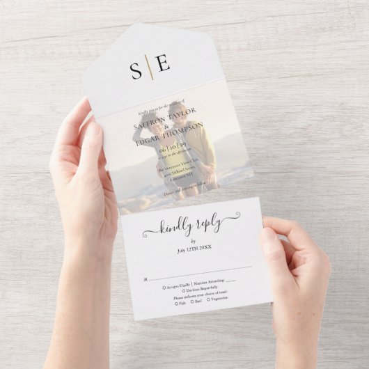 ゴールドアンドブラックモノグラムフォトウェディング オールインワン招待状 (貼ってはがせる)