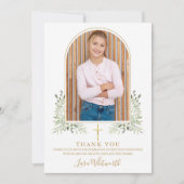 ゴールドアーチの写真とグリーン 花のファーストホーリーコミュニオン サンキューカード (正面)