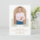 ゴールドアーチの写真とグリーン 花のファーストホーリーコミュニオン サンキューカード (スタンド正面)