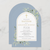 ゴールドアーチグリーン ダスティーブルー 男の子 洗礼カード 招待状 (正面/裏面)