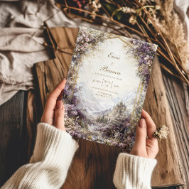 ゴールドアーチピンクとパープルのフラワーキャッスルウェディング 招待状