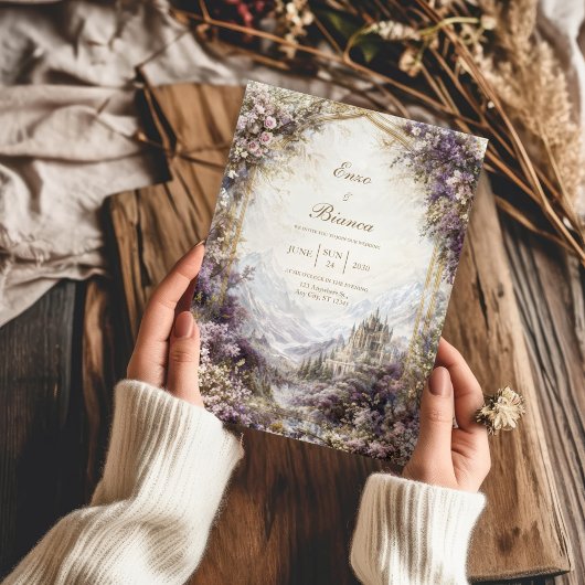 ゴールドアーチピンクとパープルのフラワーキャッスルウェディング 招待状