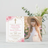 ゴールドアーチ ピンク フラワー ファースト ホーリー コミュニオン フォト 招待状 (スタンド正面)