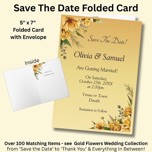 ゴールドイエローの花の折りたたみ式Save The Date カード