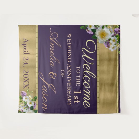 ゴールドイエロー 1周年 結婚記念日 おめでとうございます  タペストリー (正面(横))