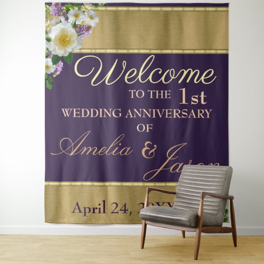 ゴールドイエロー 1周年 結婚記念日 おめでとうございます  タペストリー (インサイチュ)