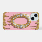 ゴールドイニシャルOダイヤモンドピンクギフト 女子向け iPhone 15ケース (裏面横)