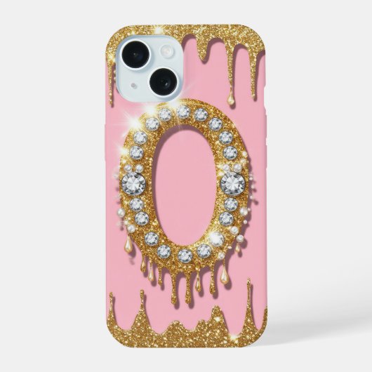 ゴールドイニシャルOダイヤモンドピンクギフト 女子向け iPhone 15ケース (裏面)