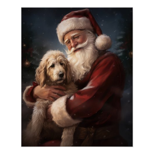 ゴールドゥードルとサンタクロースのクリスマス ポスター (正面)