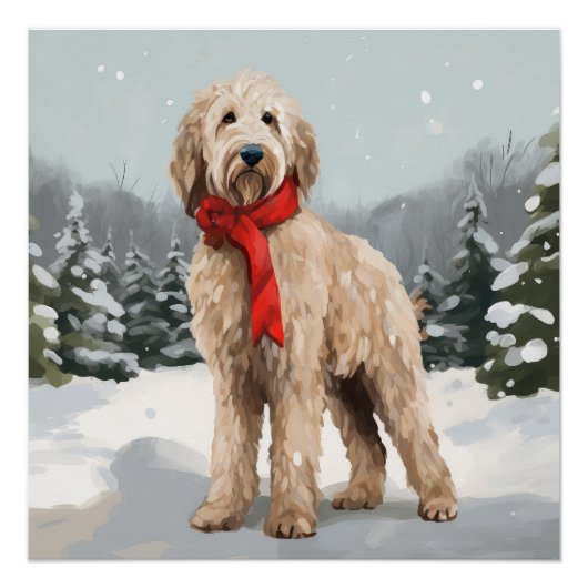 ゴールドゥードル犬と雪のクリスマス ポスター (正面)
