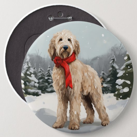 ゴールドゥードル犬と雪のクリスマス 缶バッジ (正面&裏面)