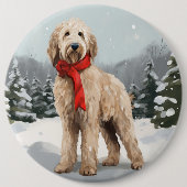 ゴールドゥードル犬と雪のクリスマス 缶バッジ (正面)