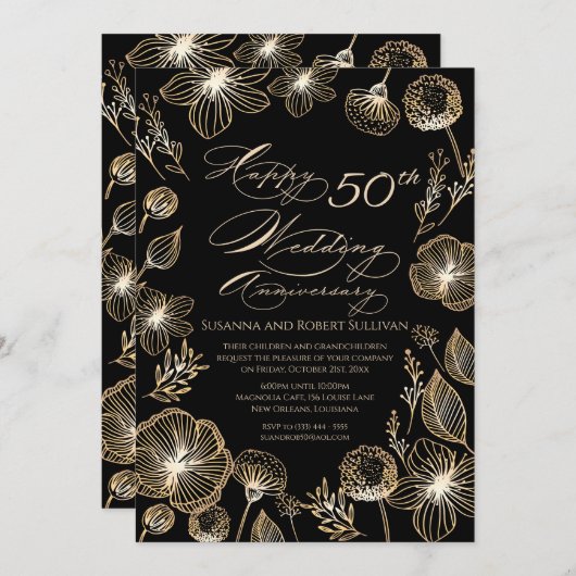 ゴールドエキゾチックフラワー 50周年結婚記念日 招待状 (正面/裏面)