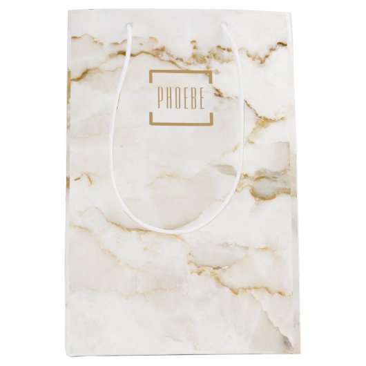 ゴールドエフェクト大理石パーソナライズクリスマス ミディアムペーパーバッグ (正面)