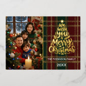ゴールドエレガントフォイル付きプレイドクリスマスフォトカード 箔シーズンカード (正面)