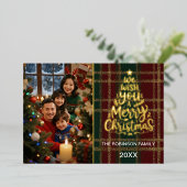 ゴールドエレガントフォイル付きプレイドクリスマスフォトカード 箔シーズンカード (立ち正面)