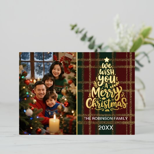 ゴールドエレガントフォイル付きプレイドクリスマスフォトカード 箔シーズンカード (立ち正面)