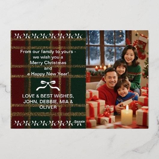 ゴールドエレガントフォイル付きプレイドクリスマスフォトカード 箔シーズンカード (裏面)