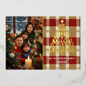 ゴールドエレガントフォイル付きプレイドクリスマスフォトカード 箔シーズンカード (正面)