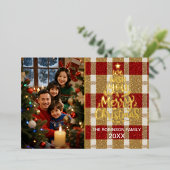 ゴールドエレガントフォイル付きプレイドクリスマスフォトカード 箔シーズンカード (立ち正面)