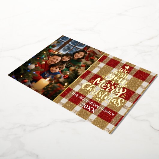 ゴールドエレガントフォイル付きプレイドクリスマスフォトカード 箔シーズンカード (回転した状態)