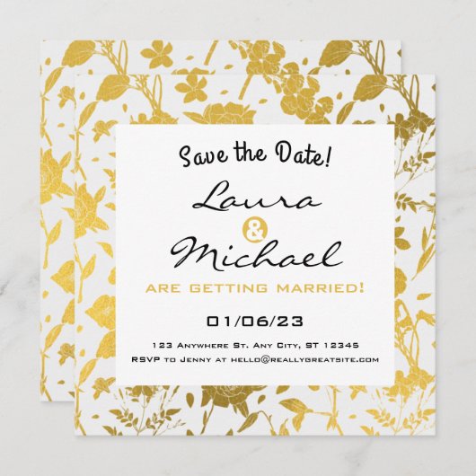 ゴールドエレガントフラワーウェディング招待状 招待状 (正面/裏面)