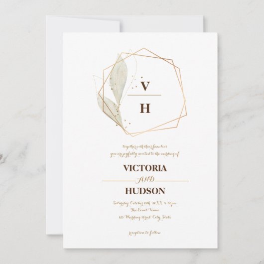 ゴールドエレガントボタニカルクレストモノグラム 招待状 (正面)