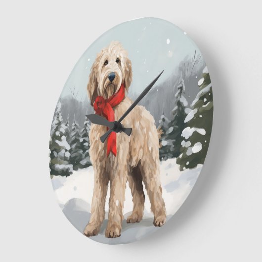 ゴールドエンドゥードル犬とクリスマスの雪 ラージ壁時計 (傾斜)