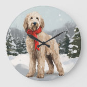 ゴールドエンドゥードル犬とクリスマスの雪 ラージ壁時計 (正面)